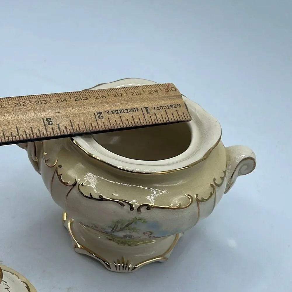Vintage Sadler Pottery lidded bowl courting couple scene. Gold gilt trim.